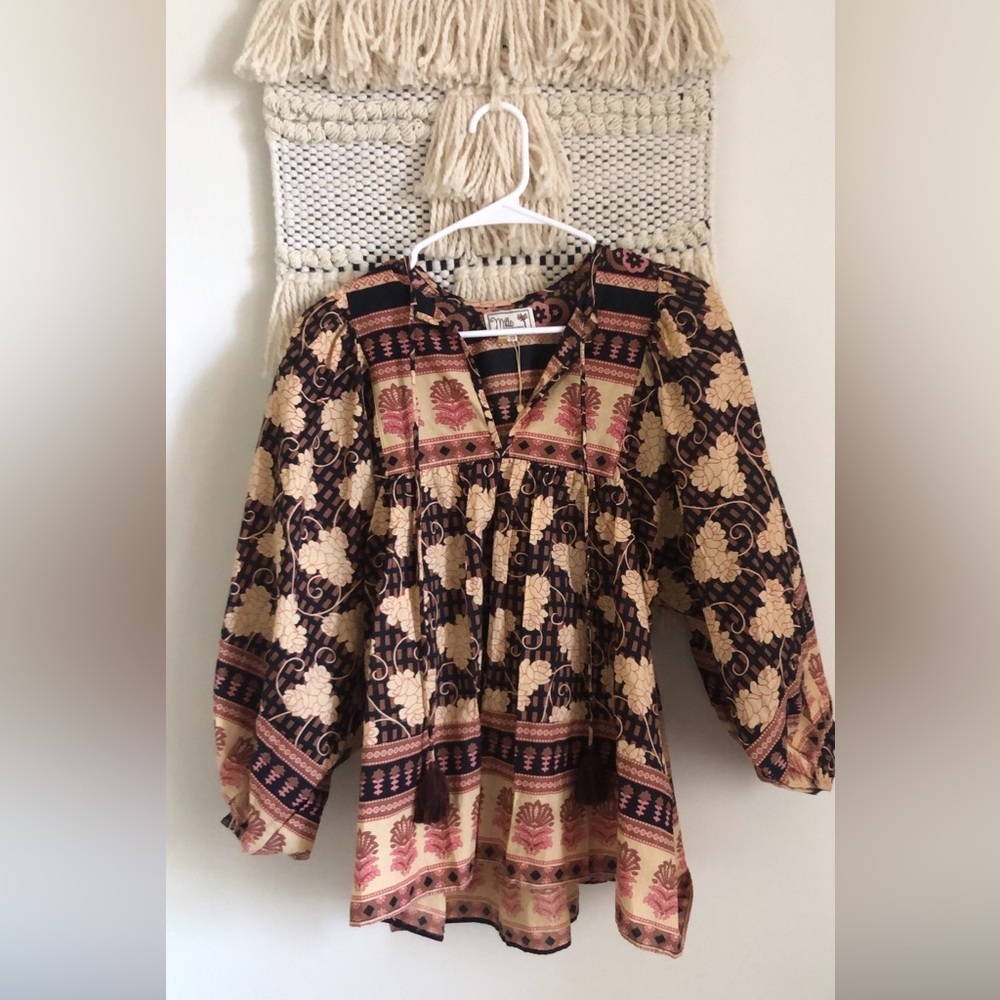 Nwt Mille Resort & Travel Charlie Blouse Tassel Tunic Top Puff Sleeves Size Xs